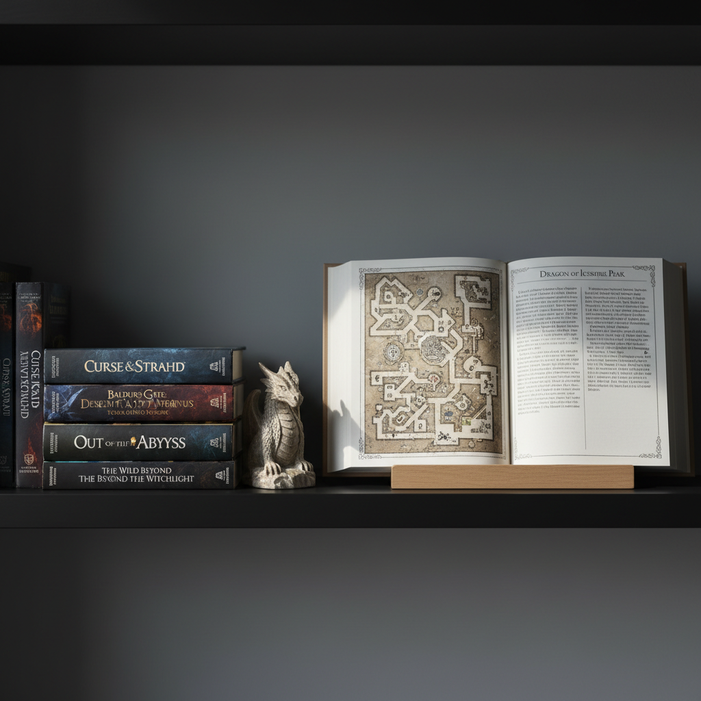 A neatly stacked collection of official Dungeons & Dragons adventure hardcovers on a minimalist, matte-black shelf, each spine clearly legible and aligned by height. Next to the stack, a single adventure book lies open on a narrow wooden display ledge, revealing a richly illustrated dungeon map and crisp, two-column rules text. A small, elegant stone dragon bookend anchors the arrangement. Soft, indirect daylight from the left washes the covers, creating gentle reflections on the glossy titles while leaving the background in subtle shadow. Shot at eye level with a rule-of-thirds composition, the image maintains sharp focus throughout, presenting a professional, curated, almost library-like mood. The photographic realism and restrained color palette support a serious, trustworthy, reference-oriented aesthetic.