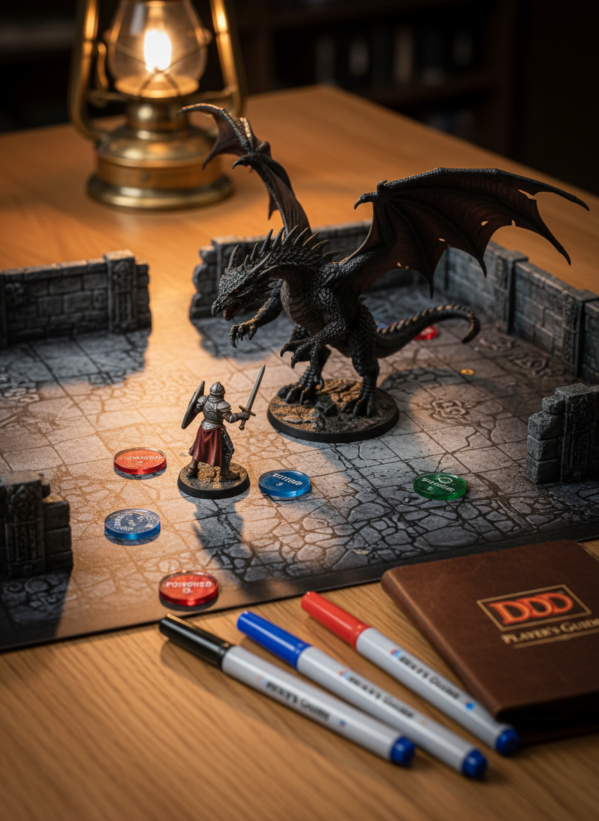 A dramatic photographic close-up of a detailed battle map mid-encounter, spread across a sturdy oak table, designed for an official D&D hardcover adventure. Hand-painted miniatures of a towering dragon and armored knight face each other on a stone-textured dungeon floor, with small acrylic tokens marking conditions and initiative. Several different-colored dry-erase markers lie uncapped at the map’s edge, and a compact rule reference booklet is partially visible. Side lighting from a low, warm lamp creates pronounced shadows from the miniatures and accentuates the terrain’s texture, adding tension and depth. Captured at miniature eye-level with a shallow depth of field, the focus rests on the point of conflict, while the surrounding tokens and notes blur subtly, evoking a focused, tactical, high-stakes atmosphere in clean photographic realism.