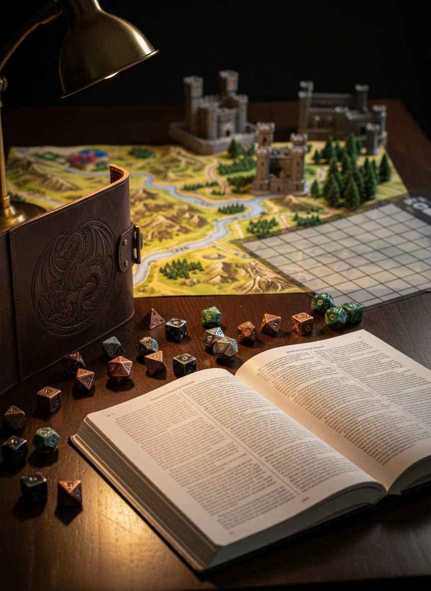 A meticulously arranged Dungeons & Dragons Game Master setup on a dark wooden table, featuring an open Dungeon Master’s Guide with crisp, high-resolution text, a well-worn leather screen standing upright, and neatly grouped polyhedral dice in metallic and gemstone finishes. Behind the screen, a detailed battle map with miniature castles and forests stretches out, with a gridded dry-erase mat partially visible. Warm, directional desk lamp lighting creates soft highlights on the dice edges and gentle shadows across the pages, evoking focused preparation. Photographic realism, shot from a slightly elevated three-quarter angle with shallow depth of field, keeping the central rulebooks and dice in sharp focus while the background map and props blur into a professional, immersive, yet orderly atmosphere.