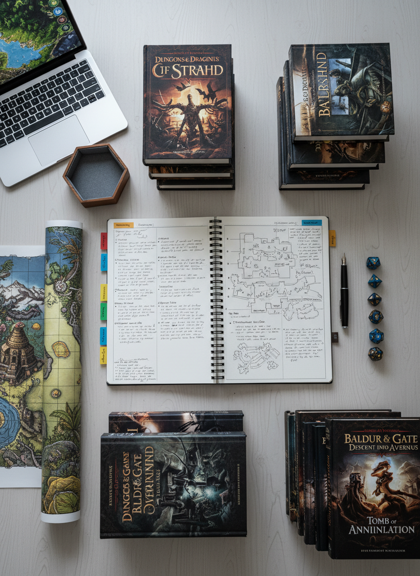 An overhead photographic view of a clean, organized DM preparation workspace, centered on a large notebook filled with neatly written adventure notes and color-coded sticky tabs. Surrounding it are official D&D adventure hardcovers stacked precisely, high-quality printed encounter maps, and a set of premium resin dice arranged in ascending order. A laptop displaying a gridded digital map glows softly on one side, while a closed wooden dice tray and a fountain pen rest beside the notebook. Cool, diffuse daylight from an unseen window illuminates the scene evenly, minimizing harsh shadows and emphasizing clarity and structure. The composition follows a balanced, grid-like layout, conveying a professional, methodical mood, with photographic realism and crisp, editorial-style sharpness across the entire frame.