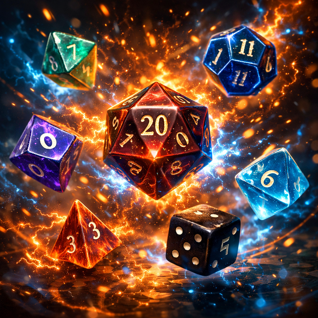 Set of seven polyhedral RPG dice with glowing lightning effects